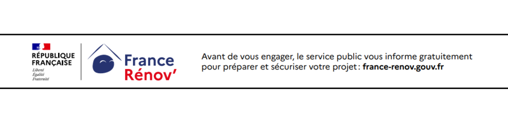 Informational banner from the French government about the France Rénov’ program, with République Française and France Rénov’ logos and the URL france-renov.gouv.fr.