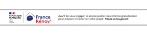 Informational banner from the French government about the France Rénov’ program, with République Française and France Rénov’ logos and the URL france-renov.gouv.fr.